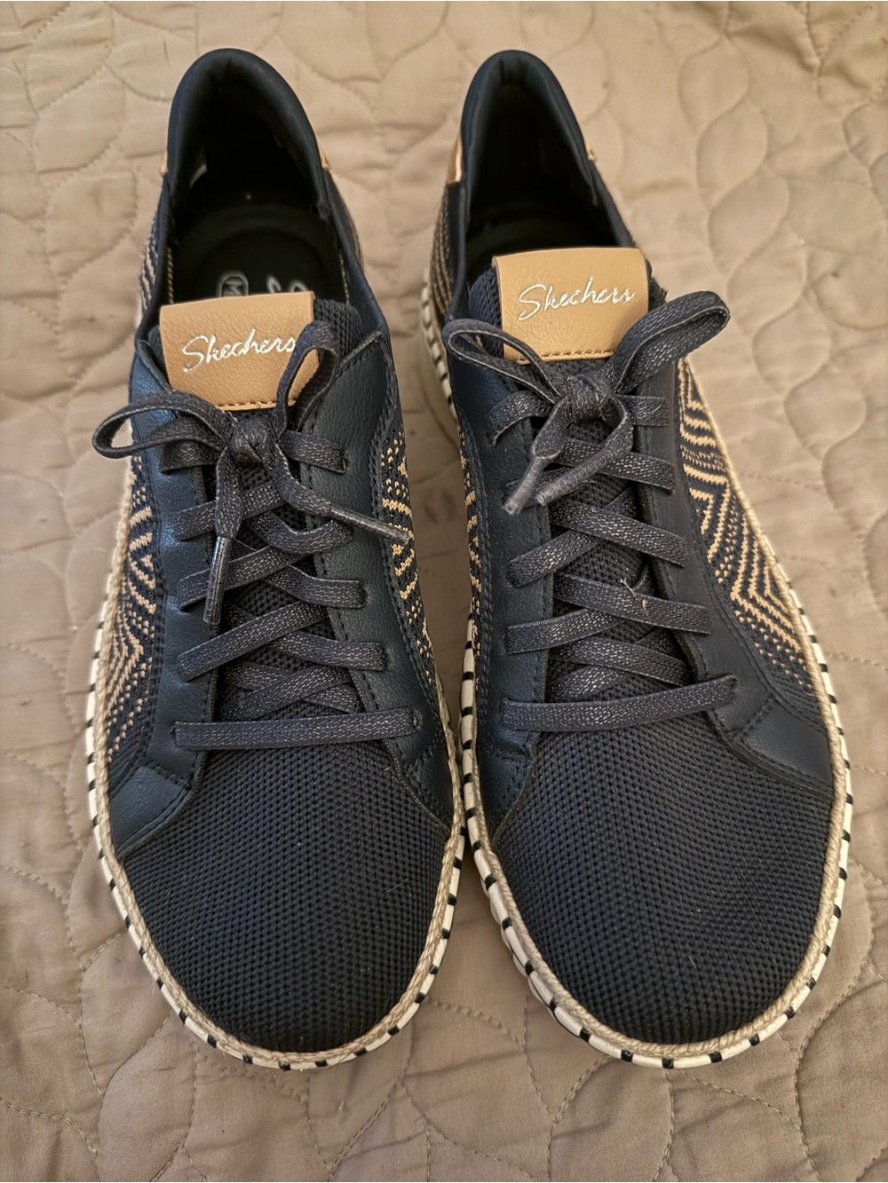 Skechers Womens Navy Knit Lace-Up Sneakers with Tan Accents